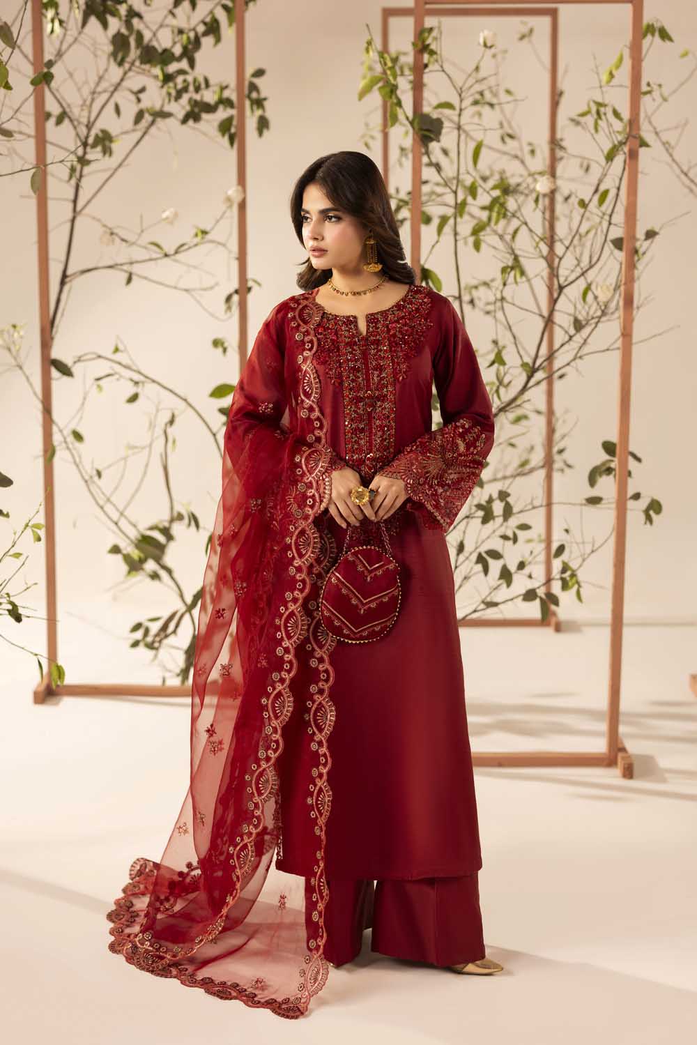 Red Hand Embellished & Embroidered Raw Silk Suit with Potil