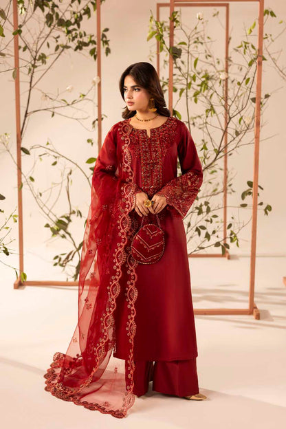 Red Hand Embellished & Embroidered Raw Silk Suit with Potil