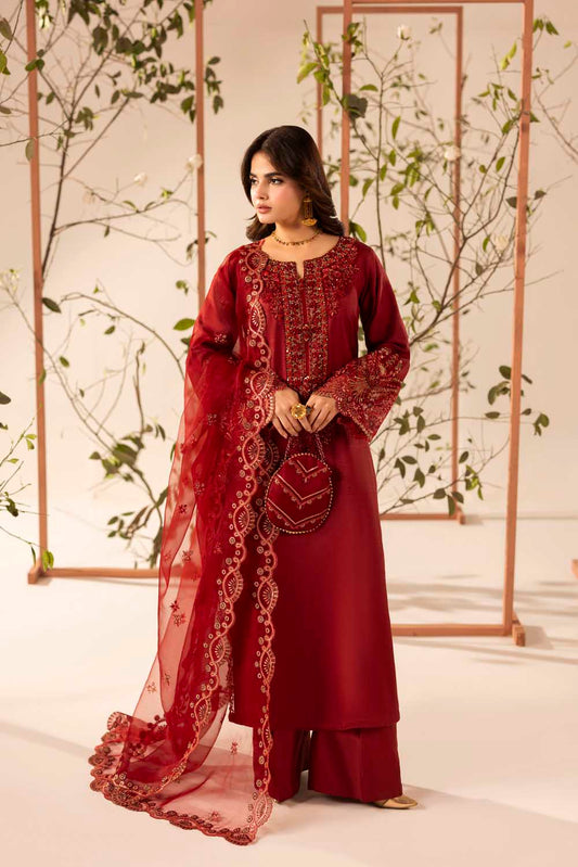 Red Hand Embellished & Embroidered Raw Silk Suit with Potil