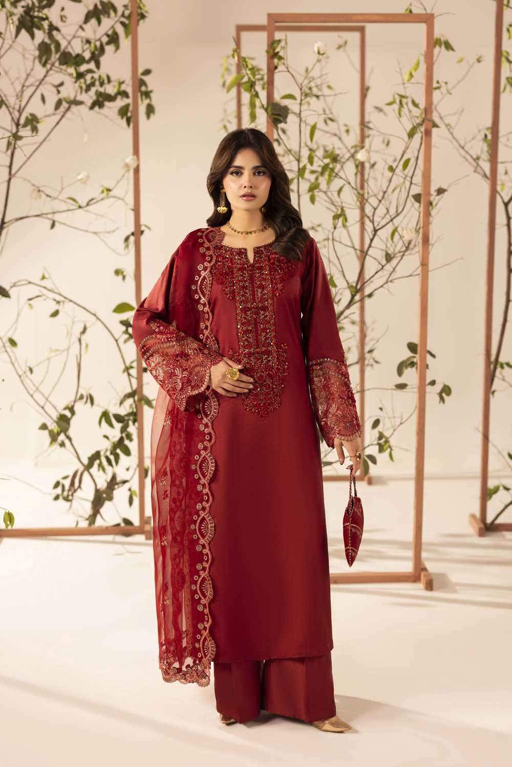 Red Hand Embellished & Embroidered Raw Silk Suit with Potil