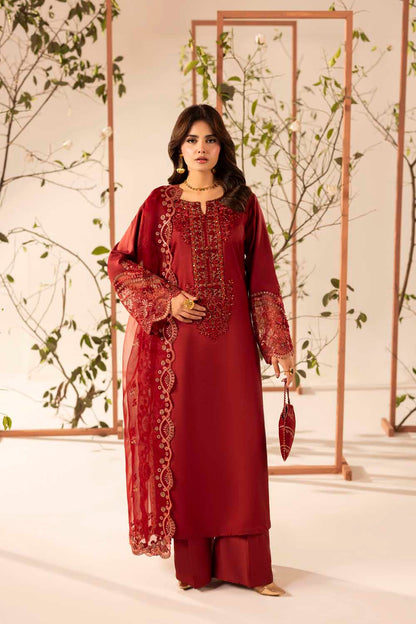 Red Hand Embellished & Embroidered Raw Silk Suit with Potil