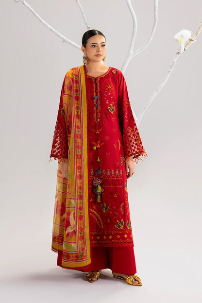 Red Lawn Cotton Suit with Khadi Net Dupatta