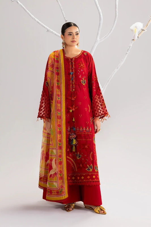 Red Lawn Cotton Suit with Khadi Net Dupatta