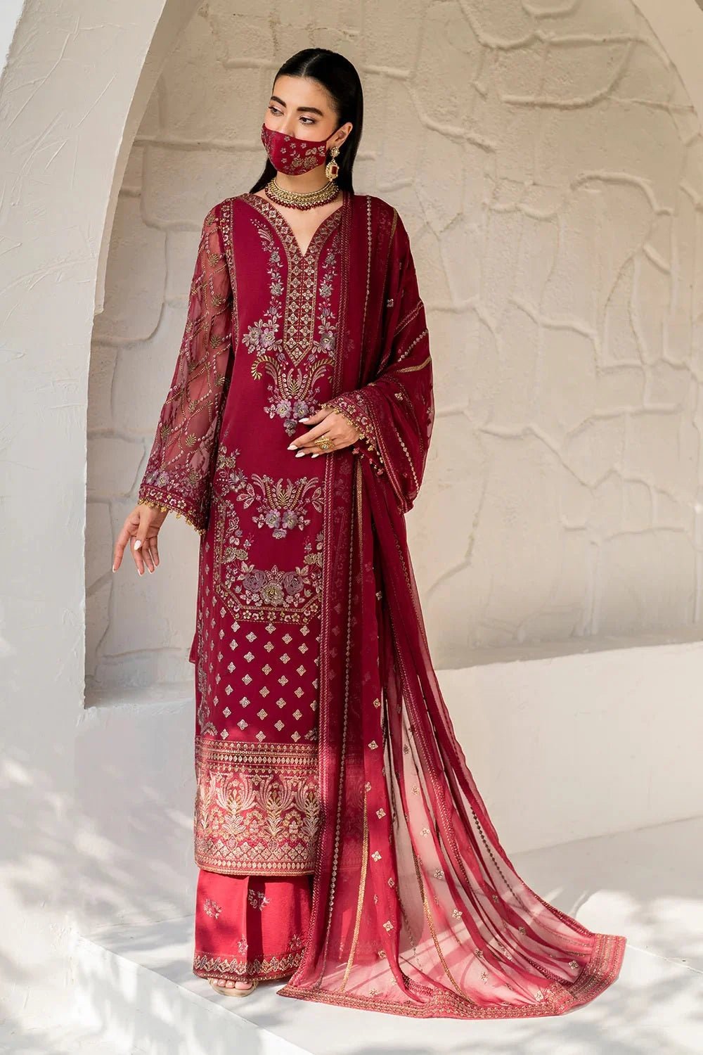 Red Handmade Pure Chiffon Suit