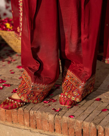 Ruby Red Georgette Chiffon Embroidered Suit with Tassel Details