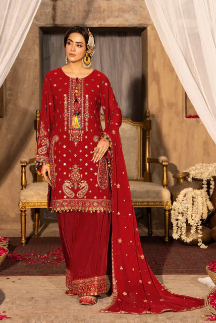 Ruby Red Georgette Chiffon Embroidered Suit with Tassel Details