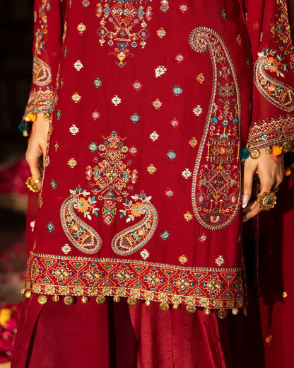 Ruby Red Georgette Chiffon Embroidered Suit with Tassel Details