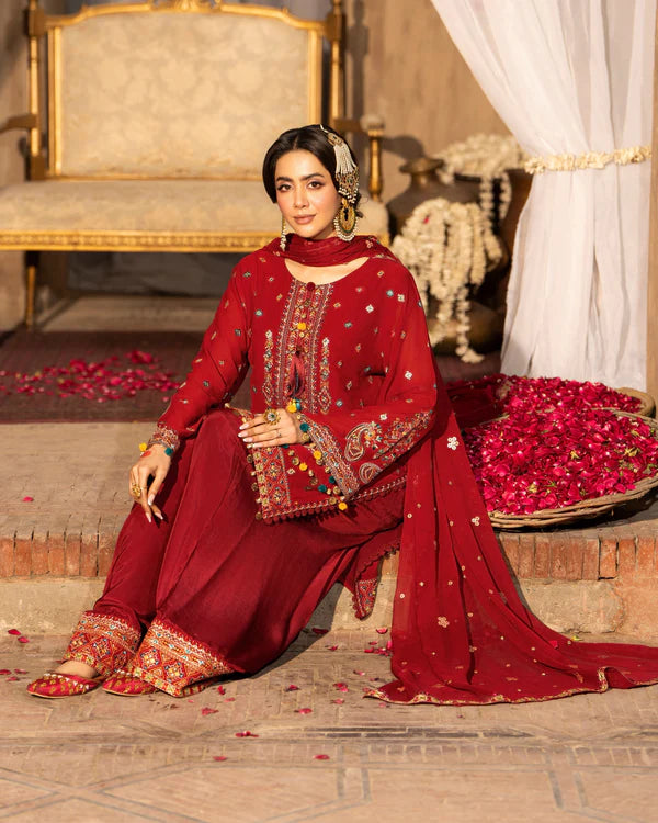 Ruby Red Georgette Chiffon Embroidered Suit with Tassel Details