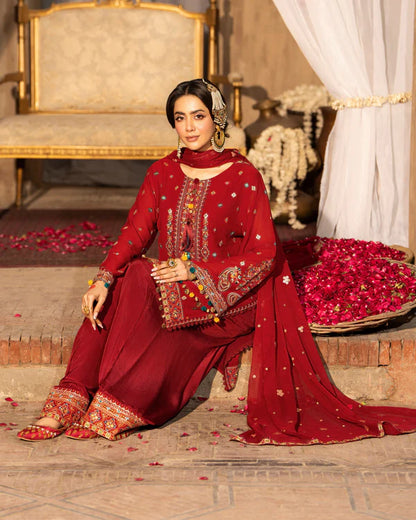 Ruby Red Georgette Chiffon Embroidered Suit with Tassel Details