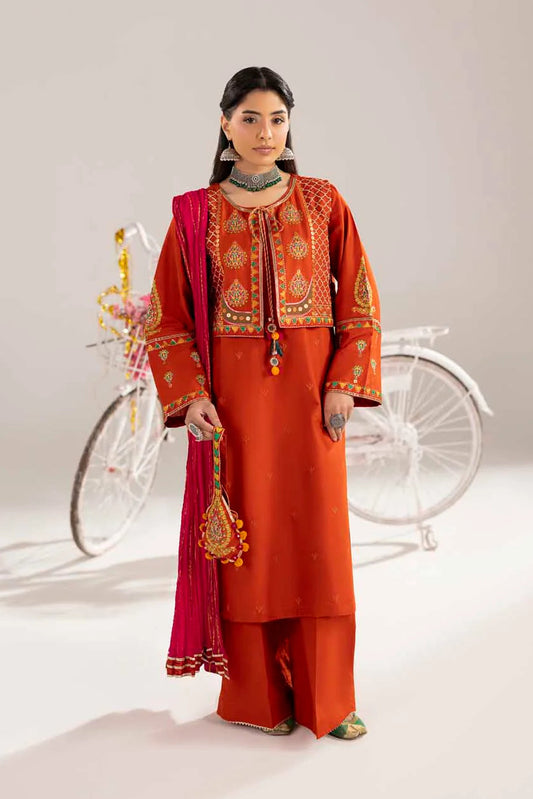 Rust Orange Embroidered Cotton Jacket-Style Suit with Potli