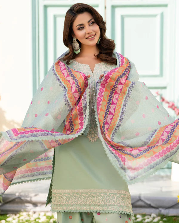 Sage Tint Embroidered Pure Cotton Farshi Shalwar Suit