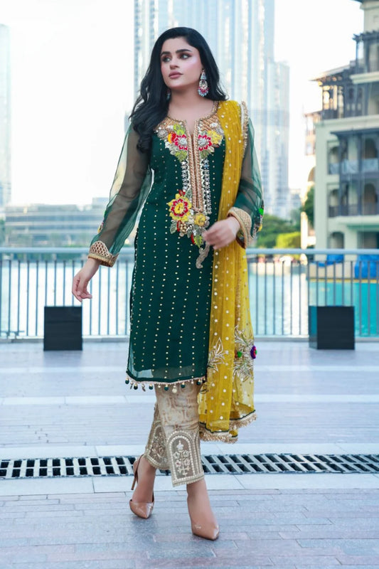 Hand Embroidered Green Pure Chiffon Suit with Kora, Dabka, Mirror & Mukesh Work