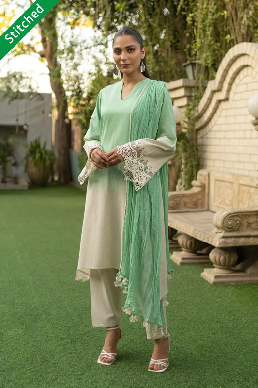 Soft Green Readymade Crochet Kurta Set with Dupatta