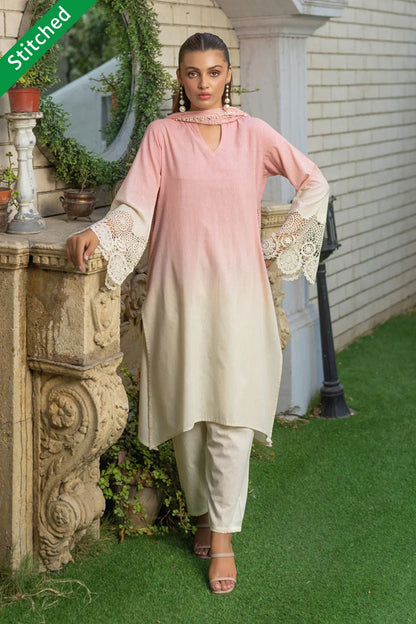 Soft Pink Readymade Crochet Kurta Set with Dupatta