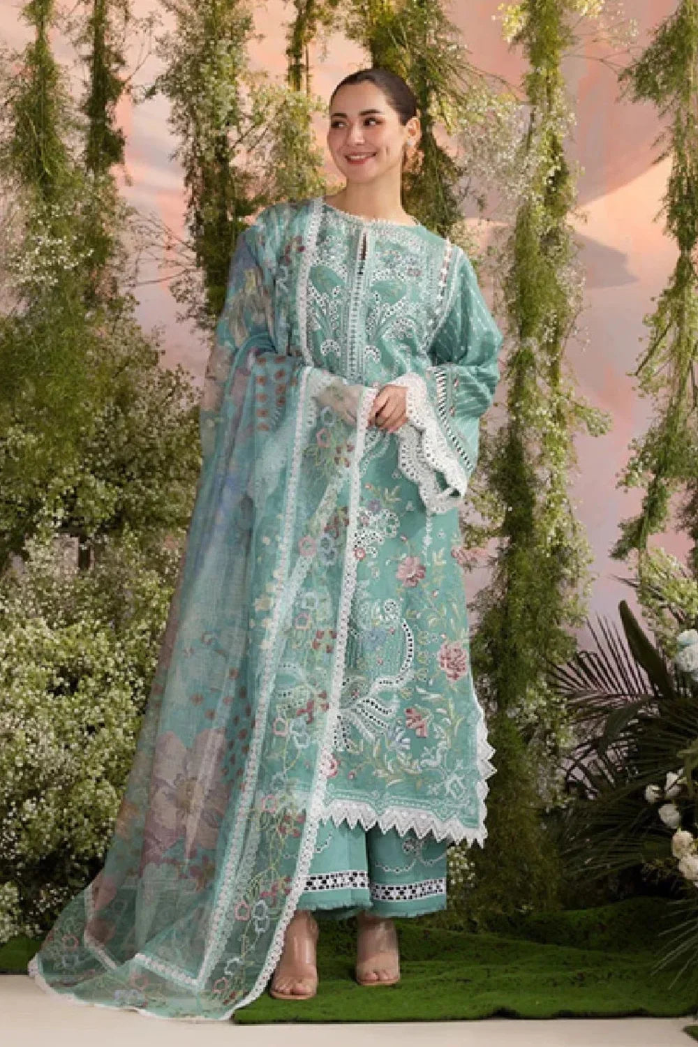 Chikankari & Cross Stitch Embroidered Pastel Green Lawn Suit