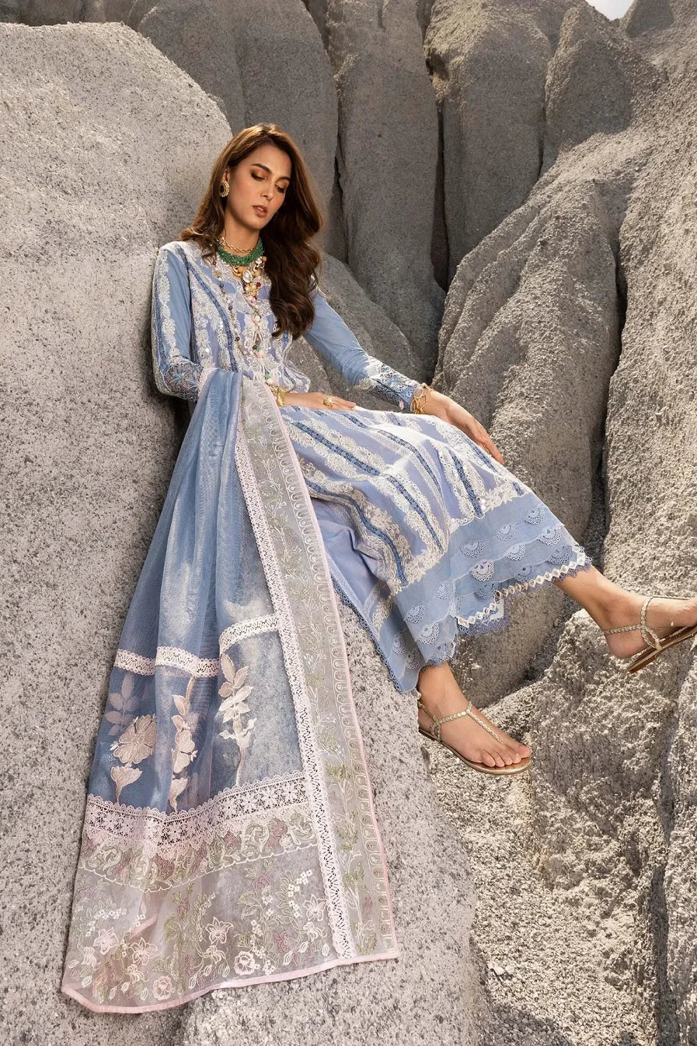 Sea Blue Heavy Embroidered Lawn Suit with Embroidered Dupatta