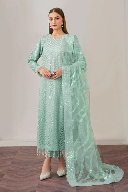 Sea Green Sequins Embroidered Suit with Handmade Neckline