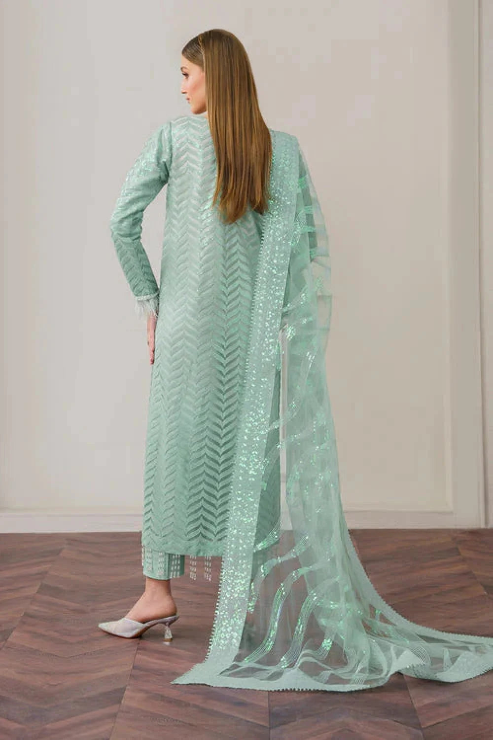 Sea Green Sequins Embroidered Suit with Handmade Neckline