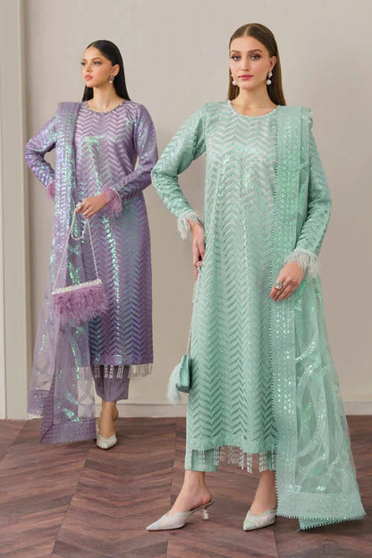 Sea Green Sequins Embroidered Suit with Handmade Neckline