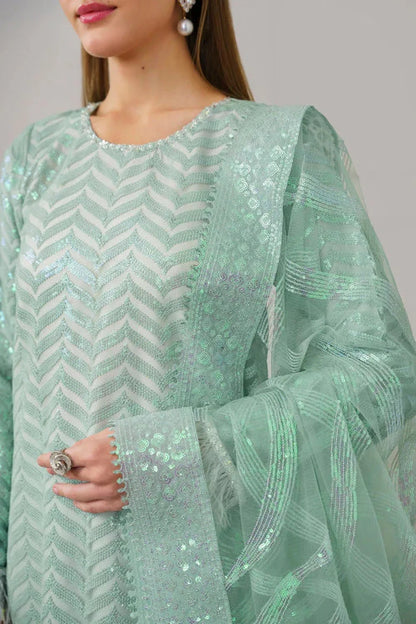 Sea Green Sequins Embroidered Suit with Handmade Neckline