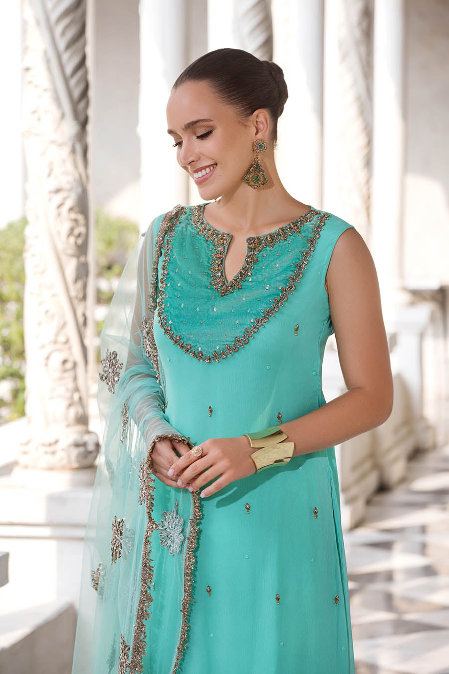 Sea Green Sharara Suit with Hand Work