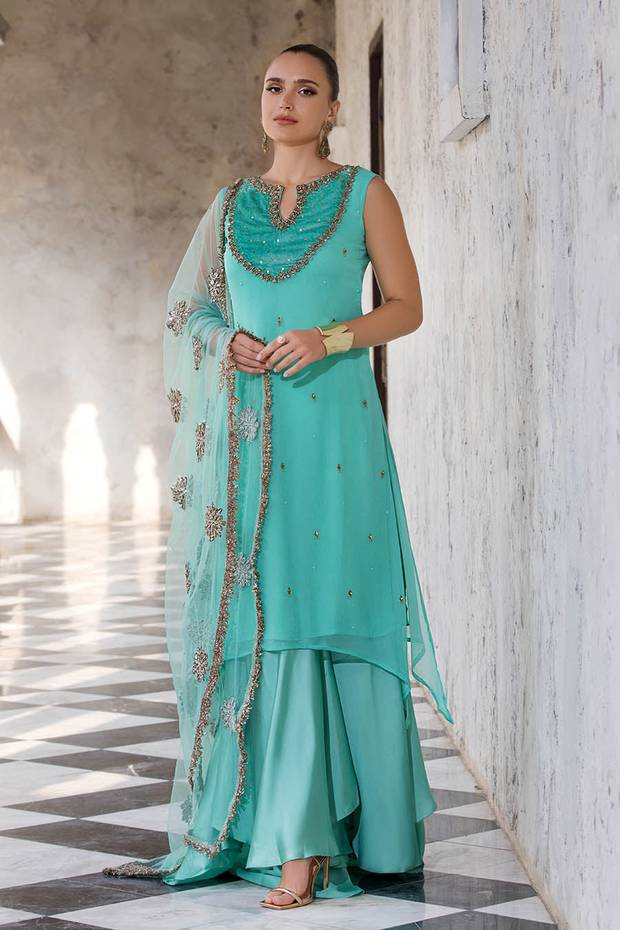 Sea Green Sharara Suit with Hand Work