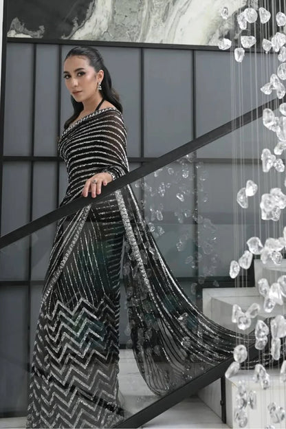 Black & Silver Sequins Embroidered Saree
