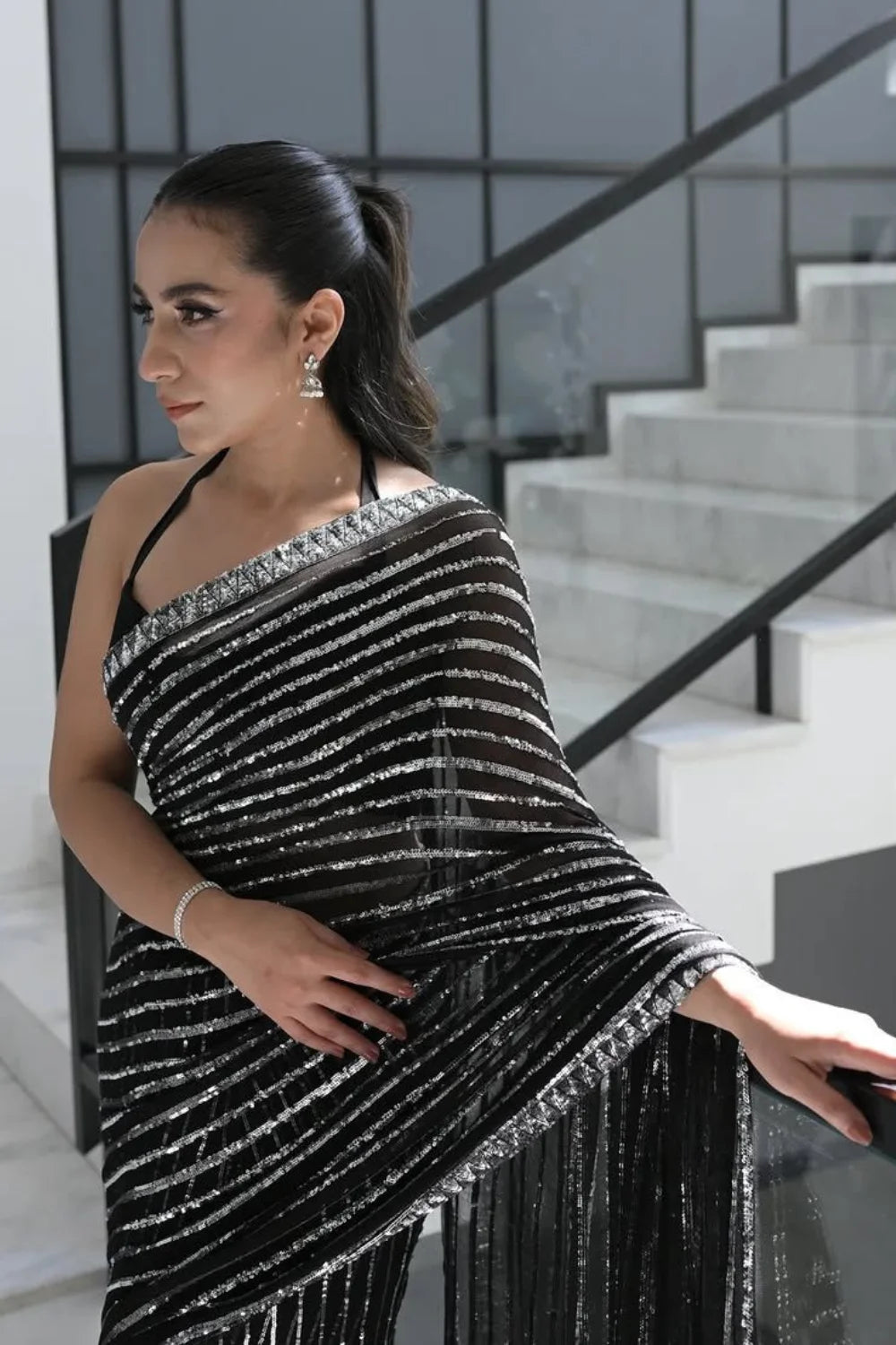 Black & Silver Sequins Embroidered Saree