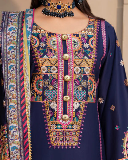 Navy Pure Cotton Farshi Shalwar Suit with Tilla & Sequins Work