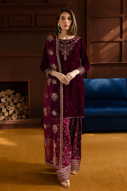 Maroon Sequins Embroidered Pure Velvet Suit