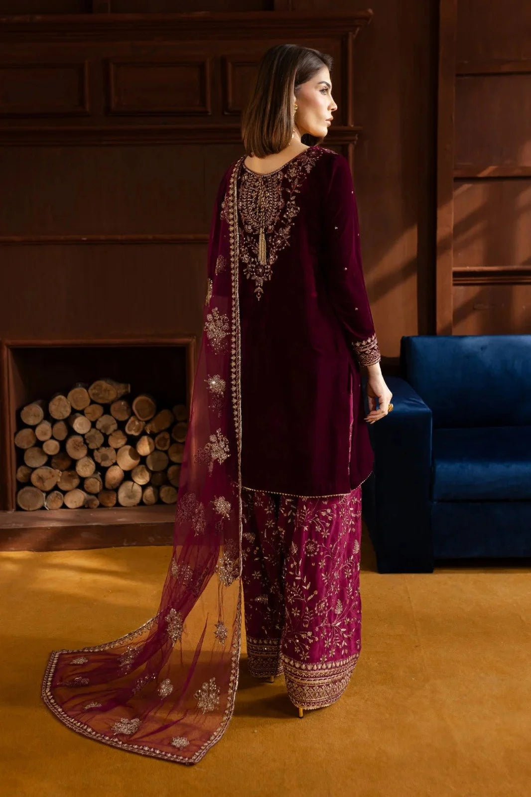 Maroon Sequins Embroidered Pure Velvet Suit