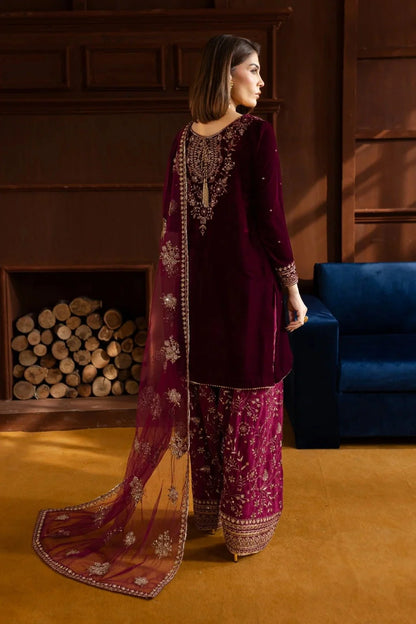 Maroon Sequins Embroidered Pure Velvet Suit