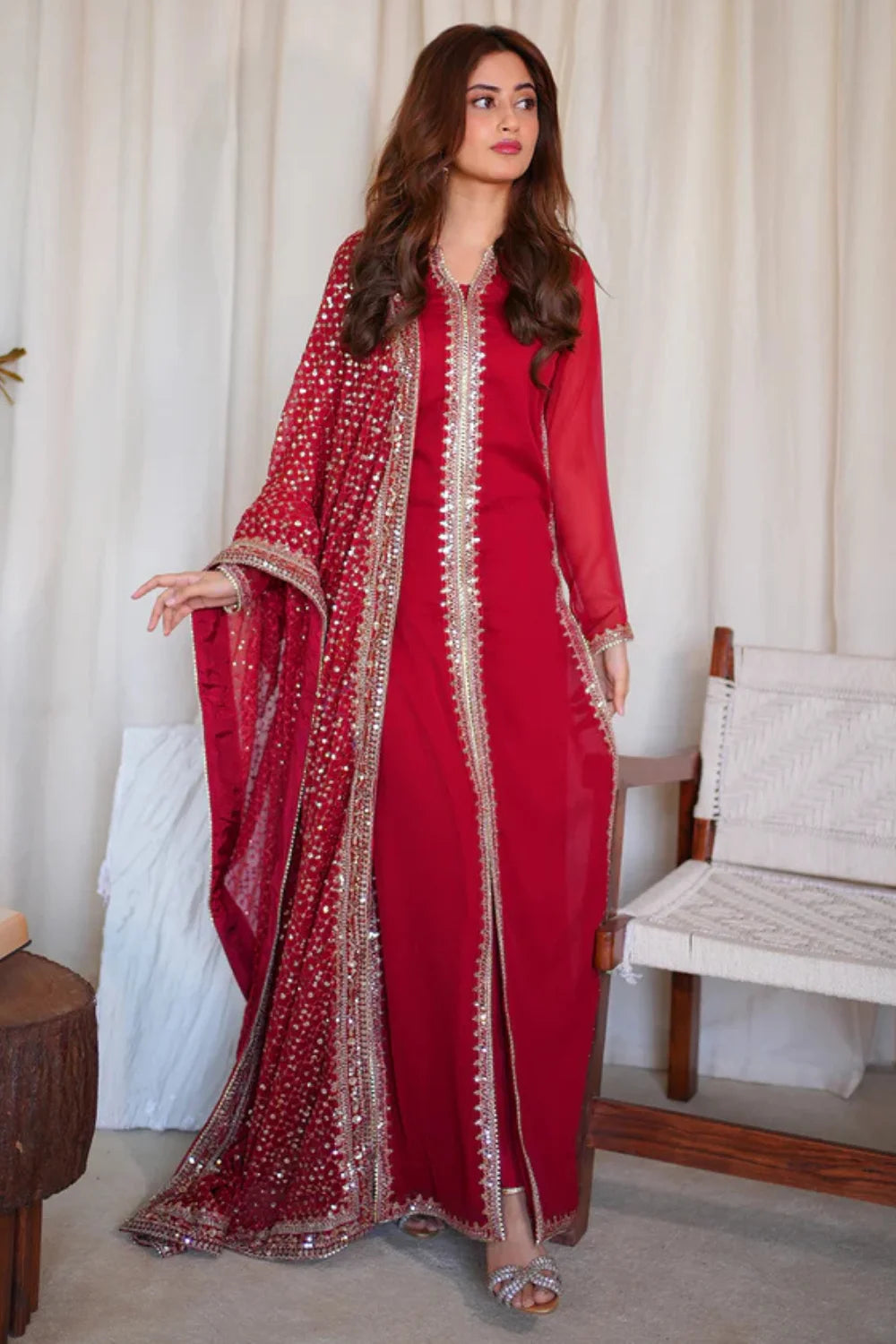 Red Chiffon Suit with Heavy Sequins Embroidered Dupatta