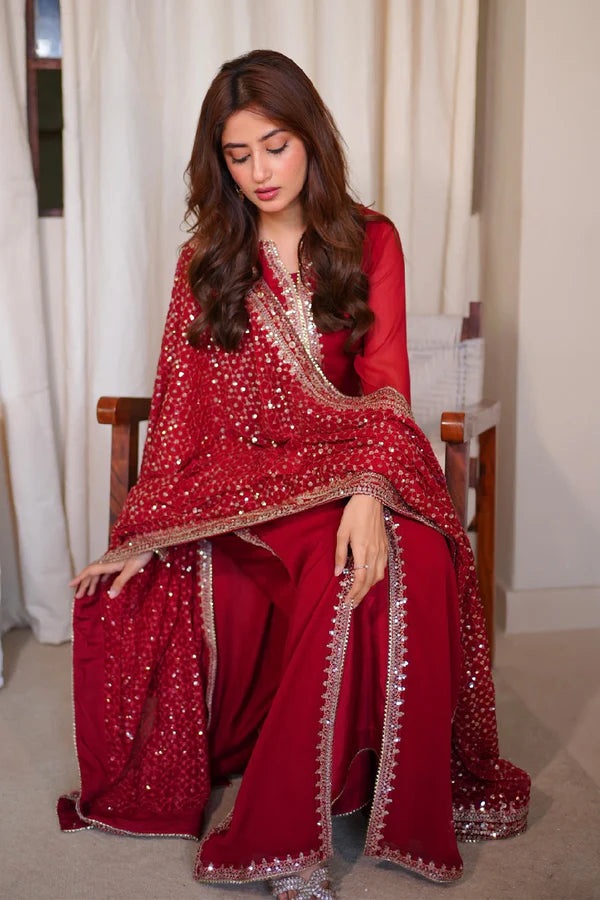 Red Chiffon Suit with Heavy Sequins Embroidered Dupatta