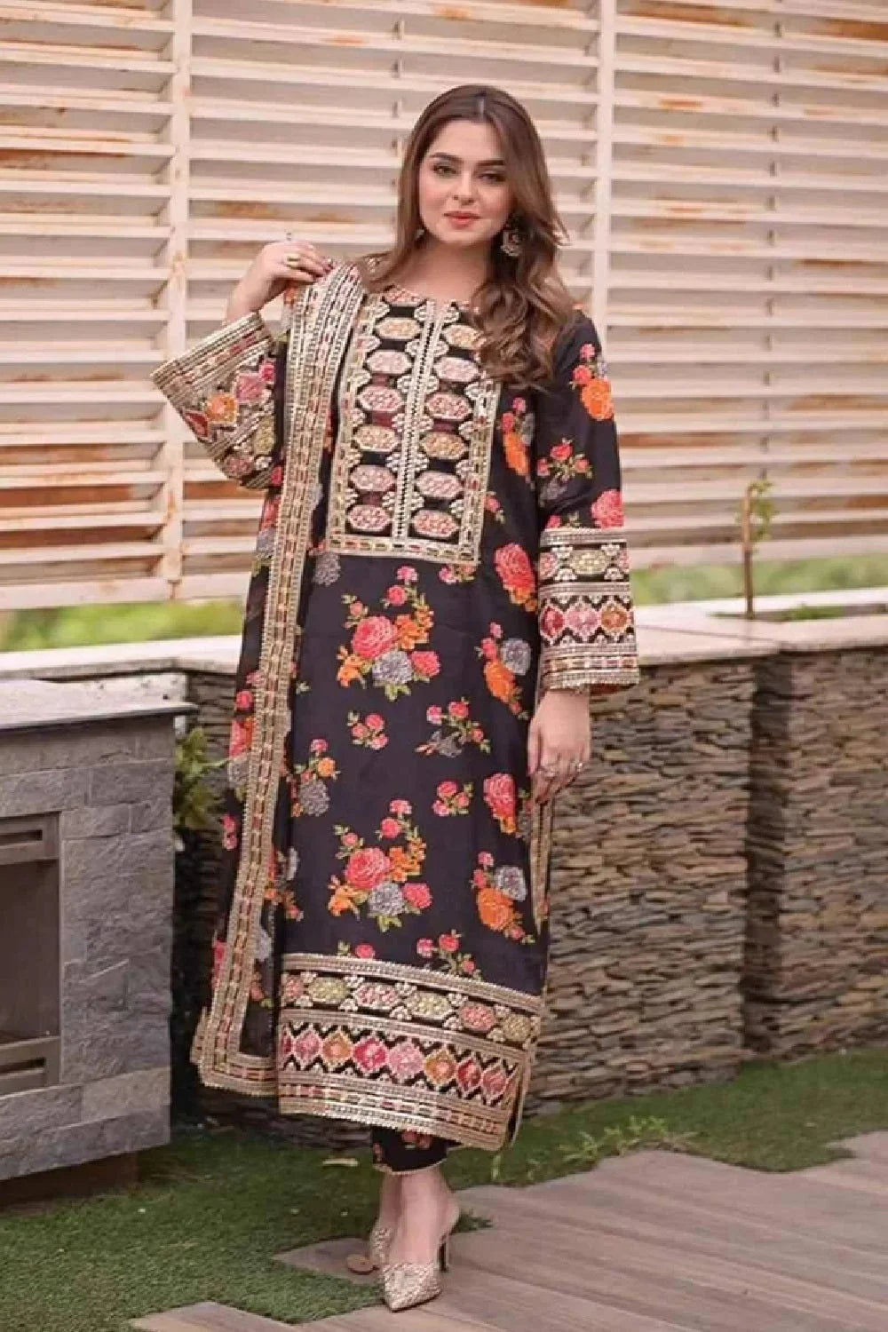 Black Shamoz Printed Embroidered Suit