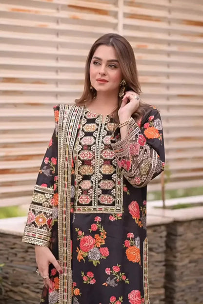 Black Shamoz Printed Embroidered Suit