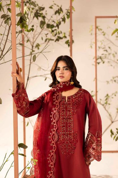 Red Hand Embellished & Embroidered Raw Silk Suit with Potil