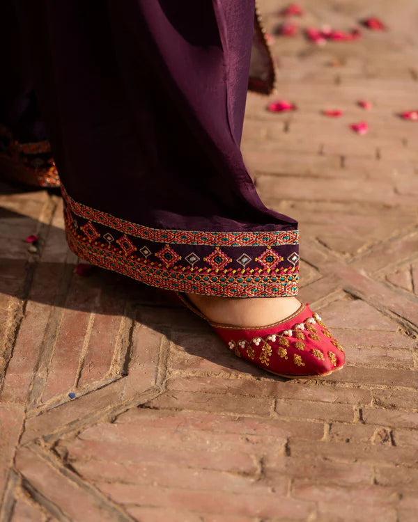 Plum Georgette Embroidered Farshi Shalwar Suit
