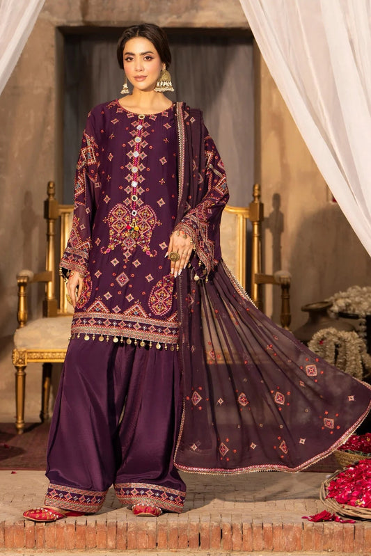 Plum Georgette Embroidered Farshi Shalwar Suit