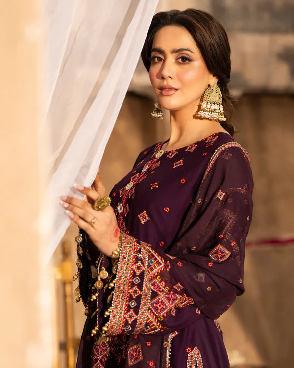 Plum Georgette Embroidered Farshi Shalwar Suit