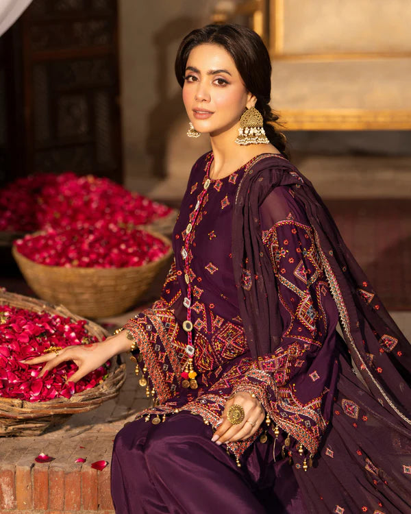 Plum Georgette Embroidered Farshi Shalwar Suit