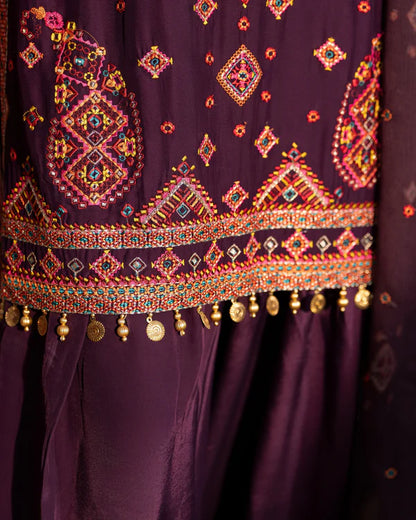 Plum Georgette Embroidered Farshi Shalwar Suit