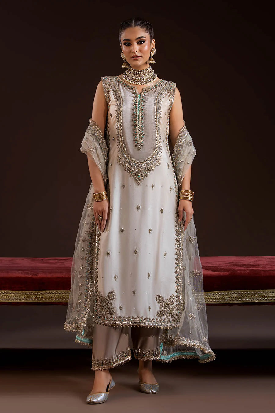Hand Embroidered Pure Glass Silk Suit