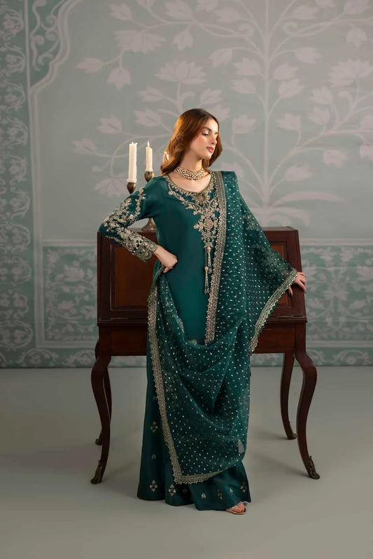 Emerald Green Embellished Raw Silk Suit