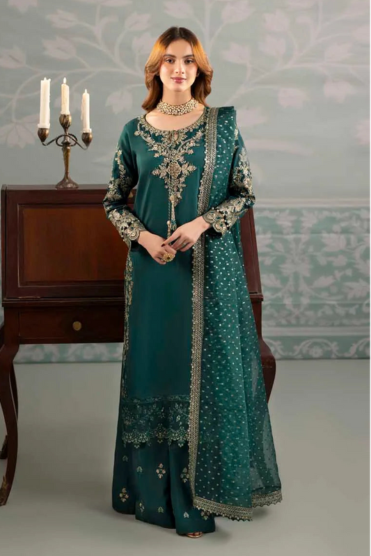 Emerald Green Embellished Raw Silk Suit