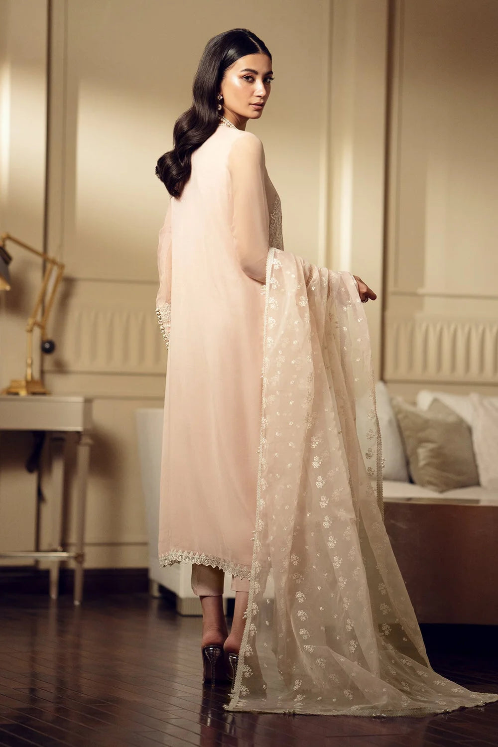 Skin Beige Sequins Embroidered Chiffon Suit