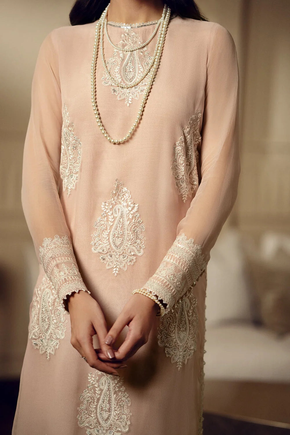 Skin Beige Sequins Embroidered Chiffon Suit