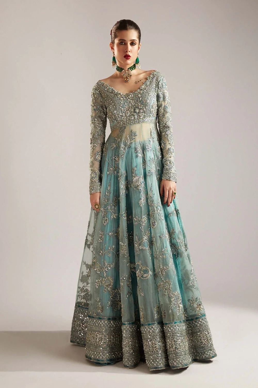 Sky Blue Handmade Bridal Lehenga Choli / Anarkali Maxi