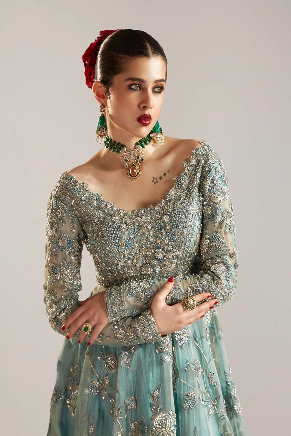 Sky Blue Handmade Bridal Lehenga Choli / Anarkali Maxi