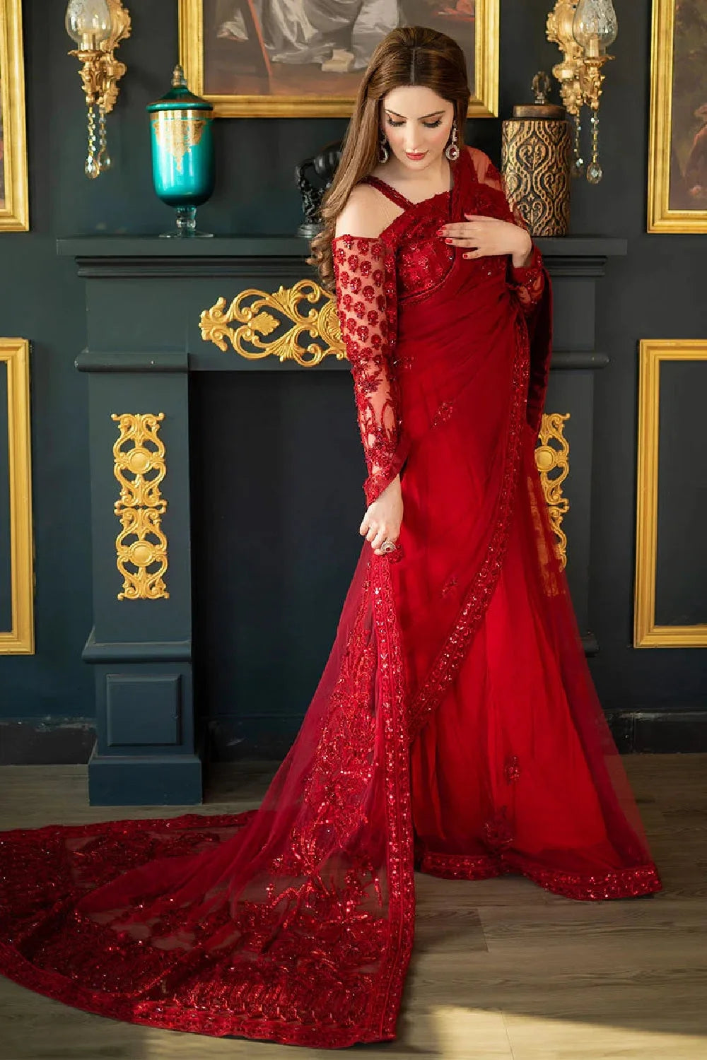 Red Soft Net Wedding Saree with Handmade Blouse